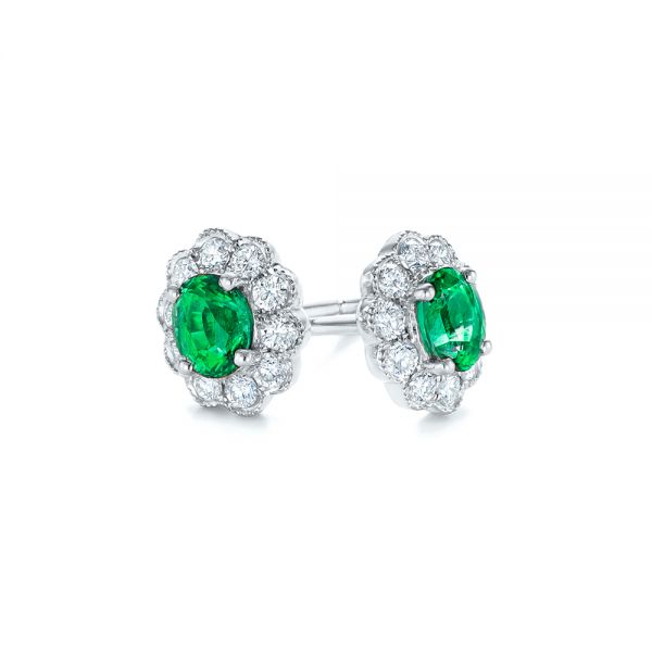 18k White Gold 18k White Gold Emerald And Diamond Stud Earrings - Front View -  106843