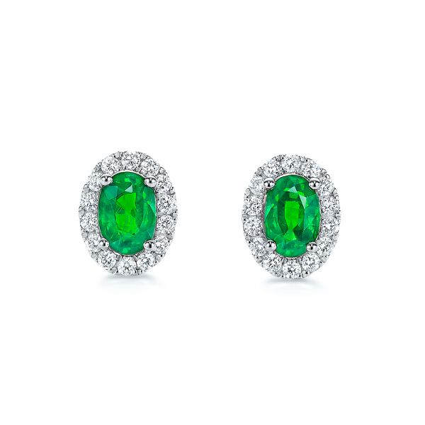 14k White Gold 14k White Gold Emerald And Diamond Stud Earrings - Three-Quarter View -  106840