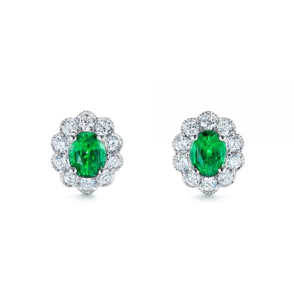 14k White Gold 14k White Gold Emerald And Diamond Stud Earrings - Three-Quarter View -  106843