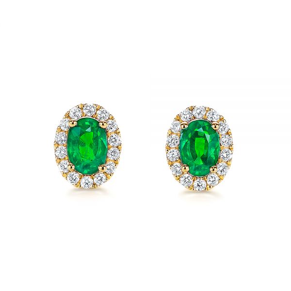 18k Yellow Gold 18k Yellow Gold Emerald And Diamond Stud Earrings - Three-Quarter View -  106840