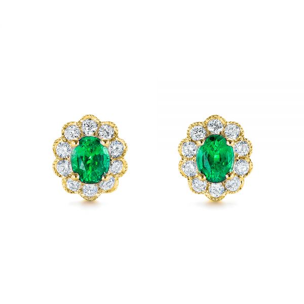 18k Yellow Gold 18k Yellow Gold Emerald And Diamond Stud Earrings - Three-Quarter View -  106843