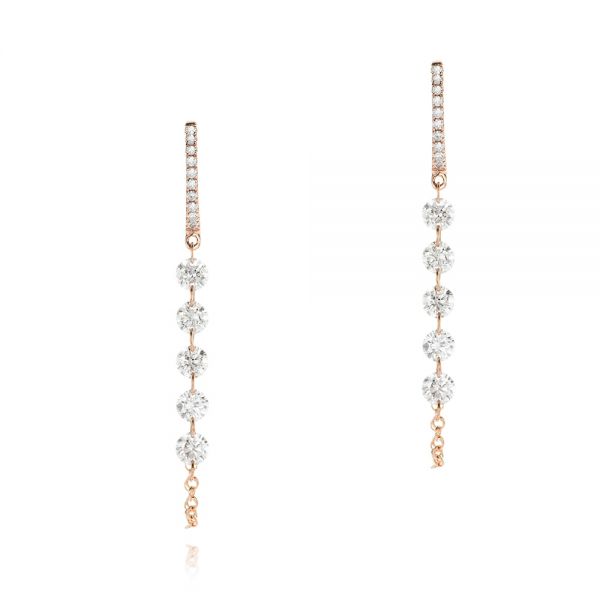 14k Rose Gold 14k Rose Gold Floating Diamond Huggie Earrings - Three-Quarter View -  106993