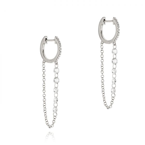 14k White Gold 14k White Gold Floating Diamond Huggie Earrings - Front View - 106993