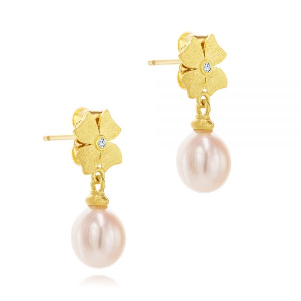 Floral Diamond And Freshwater Pearl Earring Drops - Front View - 107235