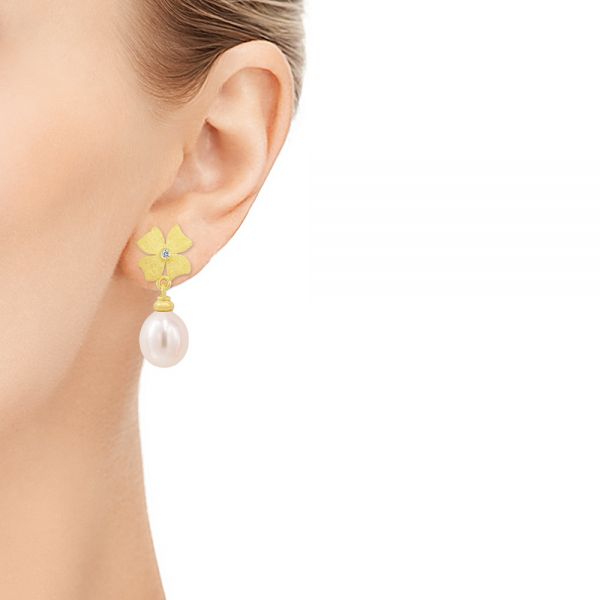 Floral Diamond And Freshwater Pearl Earring Drops - Hand View - 107235