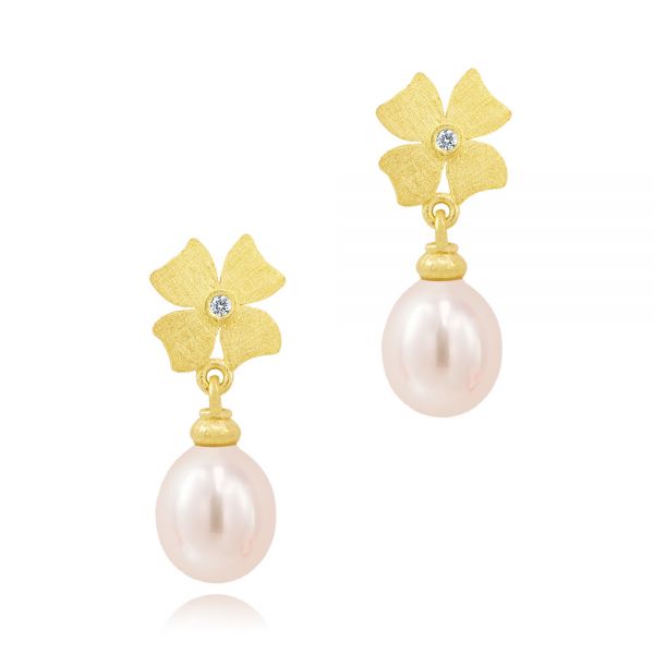 Floral Diamond And Freshwater Pearl Earring Drops - Three-Quarter View -  107235