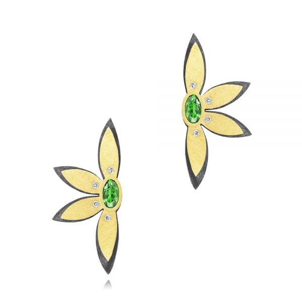 Floral Diamond And Tsavorite Earrings - Three-Quarter View -  107236