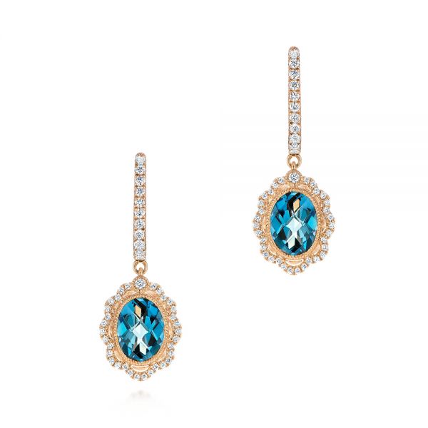 14k Rose Gold 14k Rose Gold Floral London Blue Topaz And Diamond Halo Earrings - Three-Quarter View -  106006