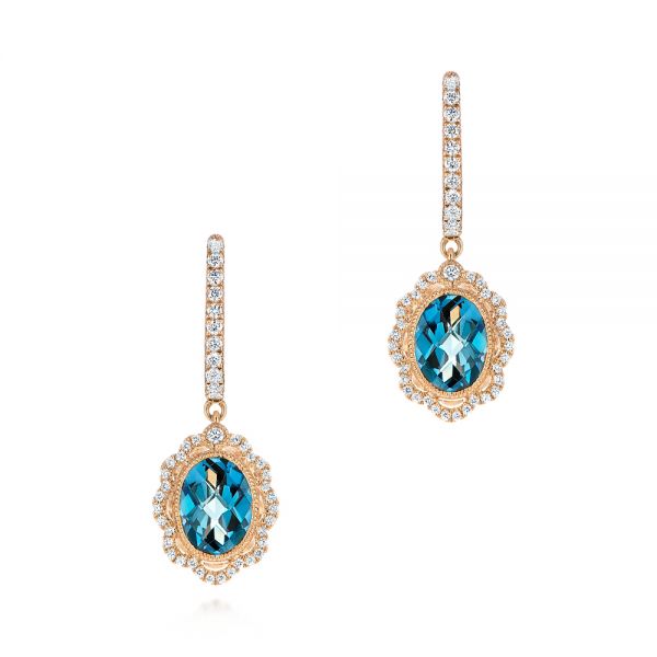 14k Rose Gold 14k Rose Gold Floral London Blue Topaz And Diamond Halo Earrings - Three-Quarter View -  106006 - Thumbnail