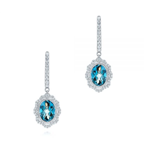  Platinum Platinum Floral London Blue Topaz And Diamond Halo Earrings - Three-Quarter View -  106006 - Thumbnail