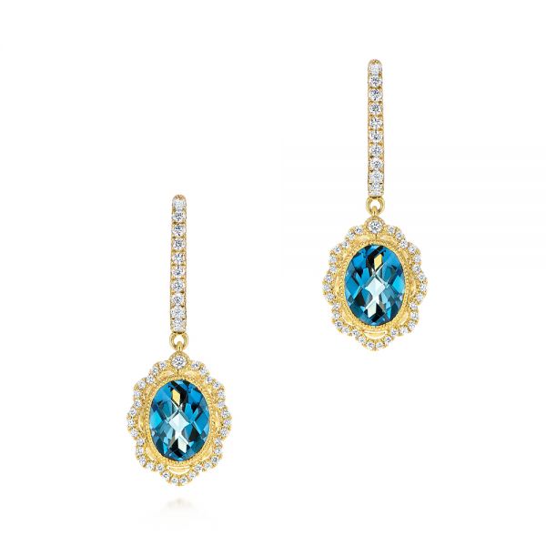 14k Yellow Gold Floral London Blue Topaz And Diamond Halo Earrings - Three-Quarter View -  106006