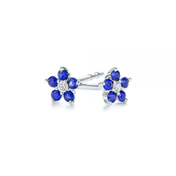 18k White Gold 18k White Gold Flower Sapphire And Diamond Earrings - Front View -  106198
