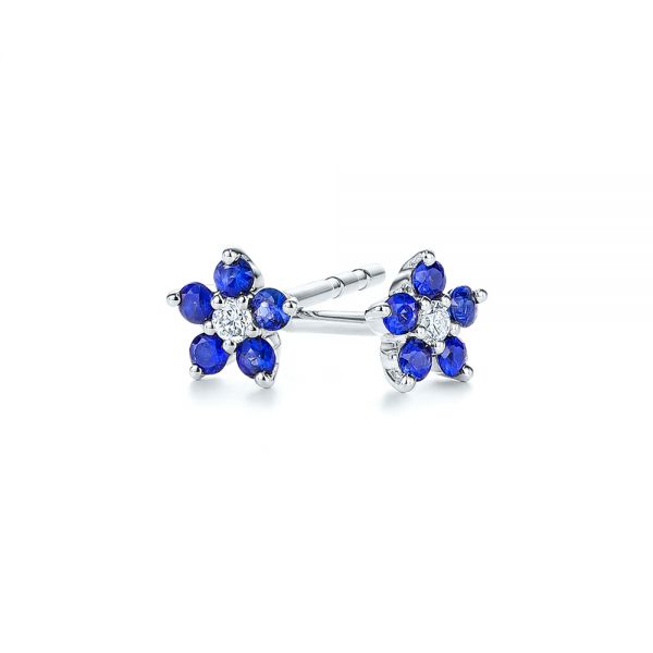 14k White Gold 14k White Gold Flower Sapphire And Diamond Earrings - Front View -  106198