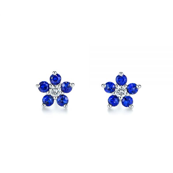 18k White Gold 18k White Gold Flower Sapphire And Diamond Earrings - Three-Quarter View -  106198