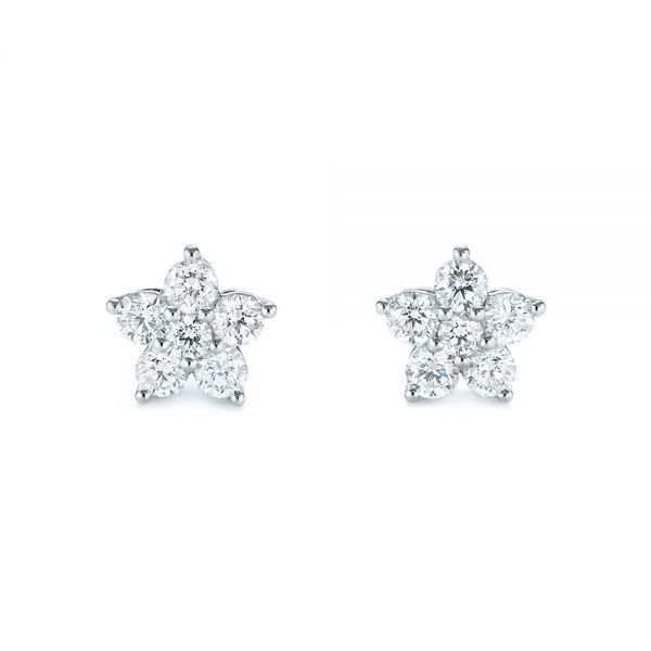 18k White Gold Floral Diamond Earrings - Three-Quarter View -  103694