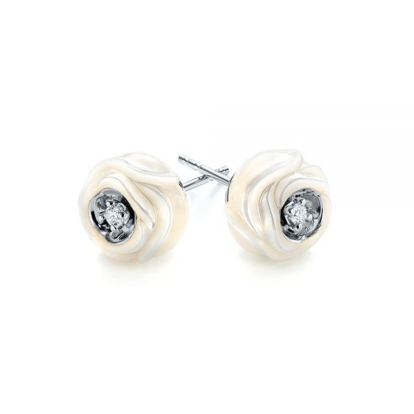 18k White Gold 18k White Gold Fresh Carved White Pearl Earrings - Front View -  103254