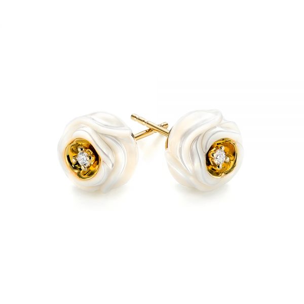 14k Yellow Gold Fresh Carved White Pearl Earrings - Front View -  103254