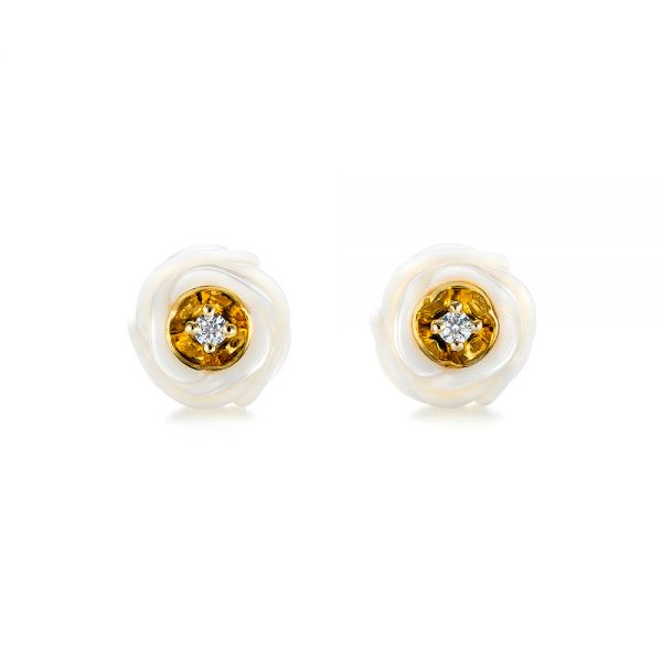 14k Yellow Gold Fresh Carved White Pearl Earrings - Three-Quarter View -  103254