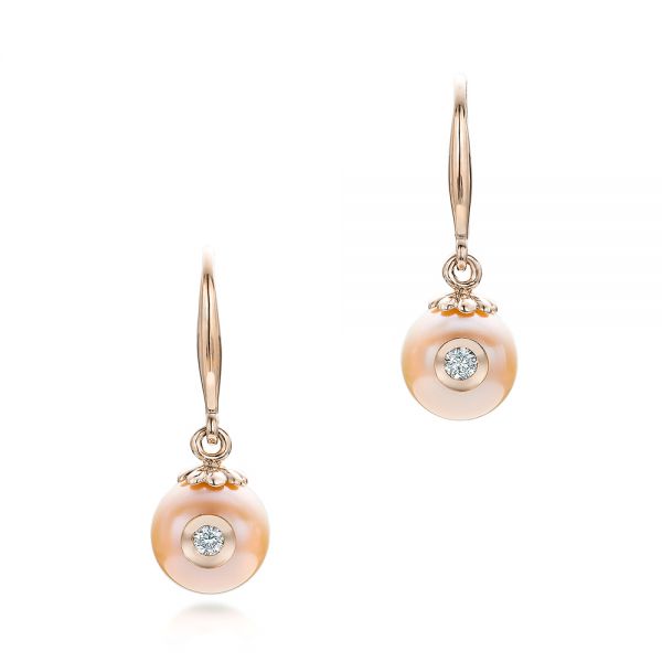 18k Rose Gold 18k Rose Gold Fresh Peach Pearl And Diamond Earrings - Three-Quarter View -  101121