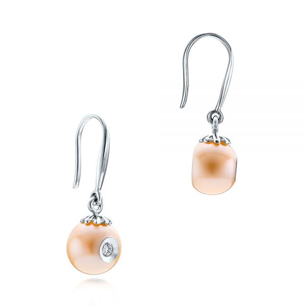 18k White Gold 18k White Gold Fresh Peach Pearl And Diamond Earrings - Front View -  101121