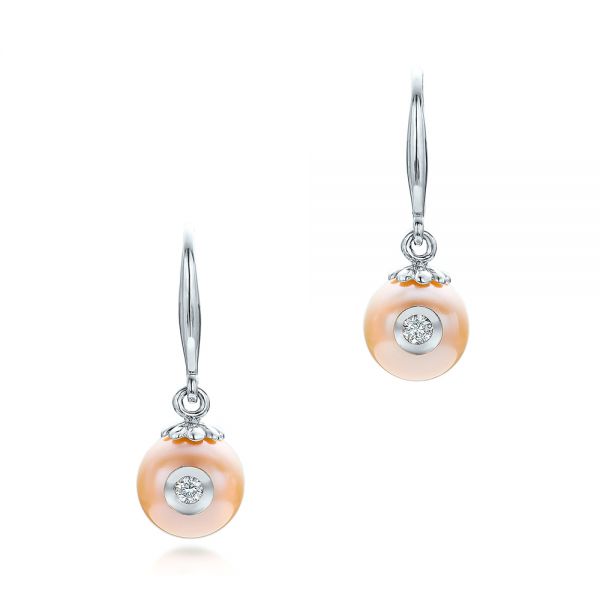 14k White Gold 14k White Gold Fresh Peach Pearl And Diamond Earrings - Three-Quarter View - 101121