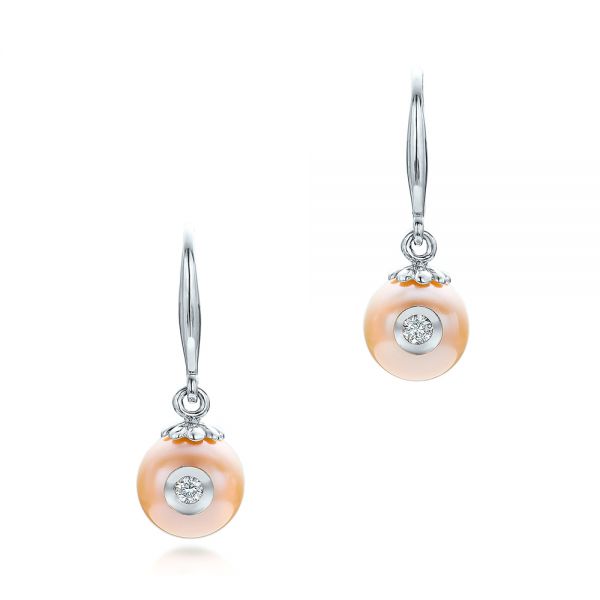 18k White Gold 18k White Gold Fresh Peach Pearl And Diamond Earrings - Three-Quarter View -  101121