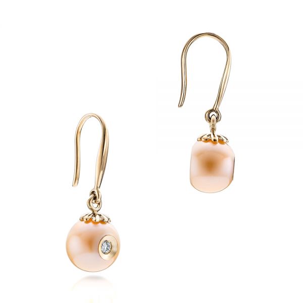 18k Yellow Gold 18k Yellow Gold Fresh Peach Pearl And Diamond Earrings - Front View -  101121