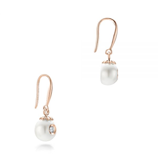 18k Rose Gold 18k Rose Gold Fresh White Pearl And Diamond Earrings - Front View -  102575