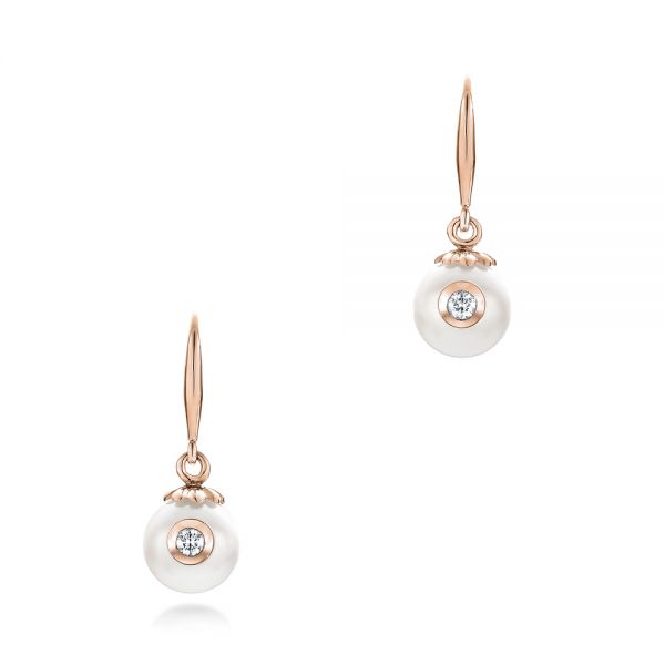 14k Rose Gold 14k Rose Gold Fresh White Pearl And Diamond Earrings - Three-Quarter View -  102575