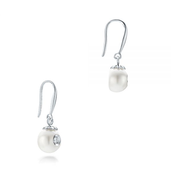 14k White Gold Fresh White Pearl And Diamond Earrings - Front View -  102575