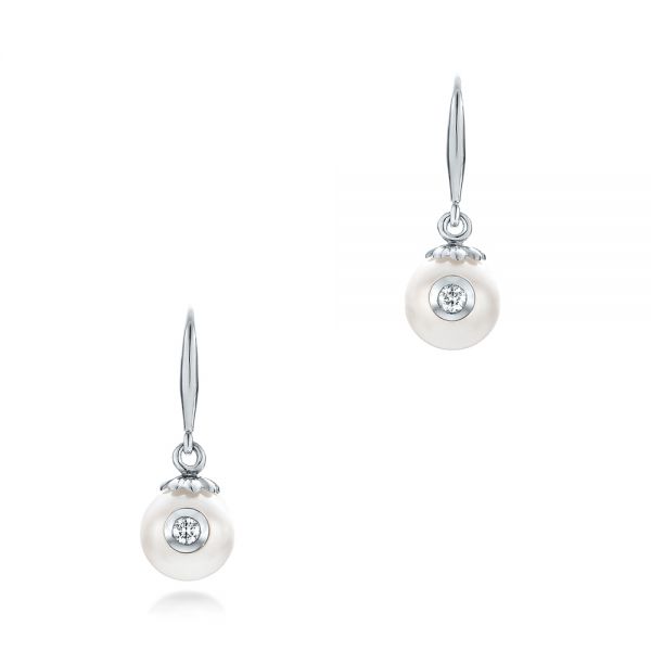 14k White Gold Fresh White Pearl And Diamond Earrings - Three-Quarter View -  102575
