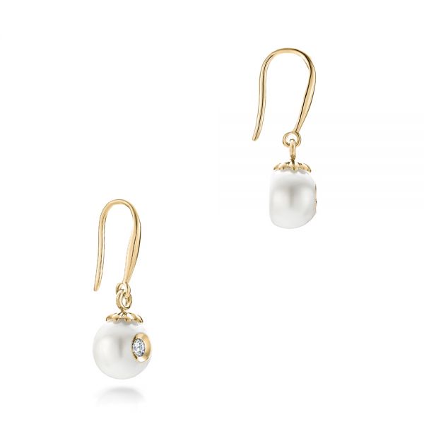 18k Yellow Gold 18k Yellow Gold Fresh White Pearl And Diamond Earrings - Front View -  102575