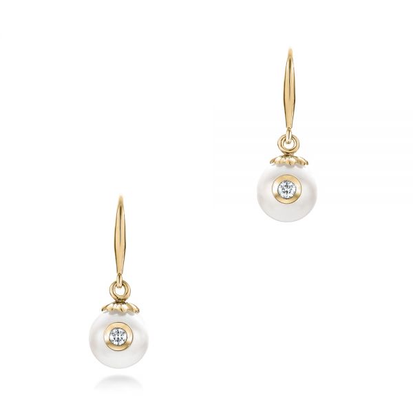 18k Yellow Gold 18k Yellow Gold Fresh White Pearl And Diamond Earrings - Three-Quarter View -  102575