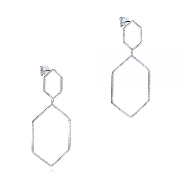 14k White Gold Geometric Hexagon Diamond Earrings - Front View - 105343