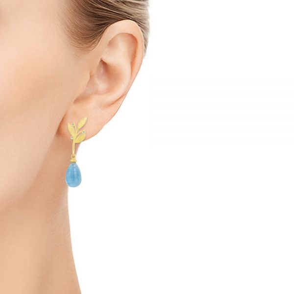  18K Gold Laurel Leaf And Aquamarine Earring Drops - Hand View -  107228