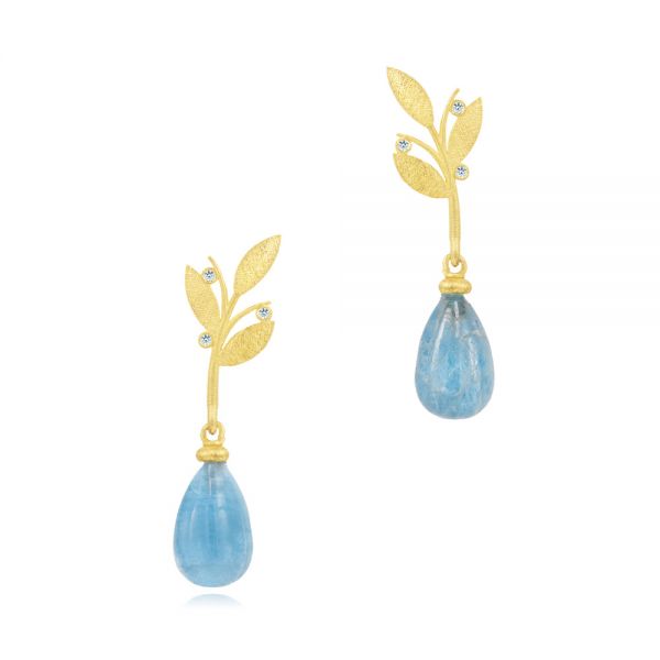 18K Gold Laurel Leaf And Aquamarine Earring Drops - Three-Quarter View -  107228
