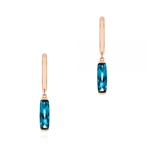 14k Rose Gold London Blue Topaz Huggie Earrings - Three-Quarter View -  105408