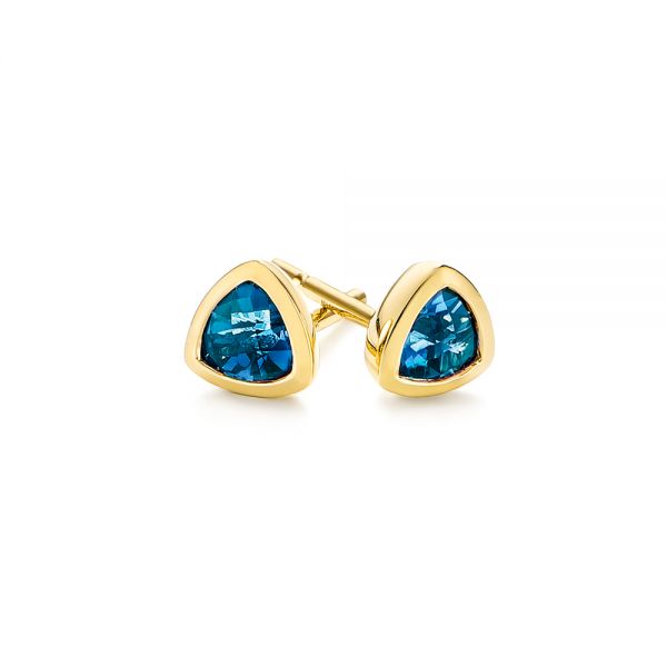 14k Yellow Gold London Blue Topaz Trillion Stud Earrings - Front View - 106050