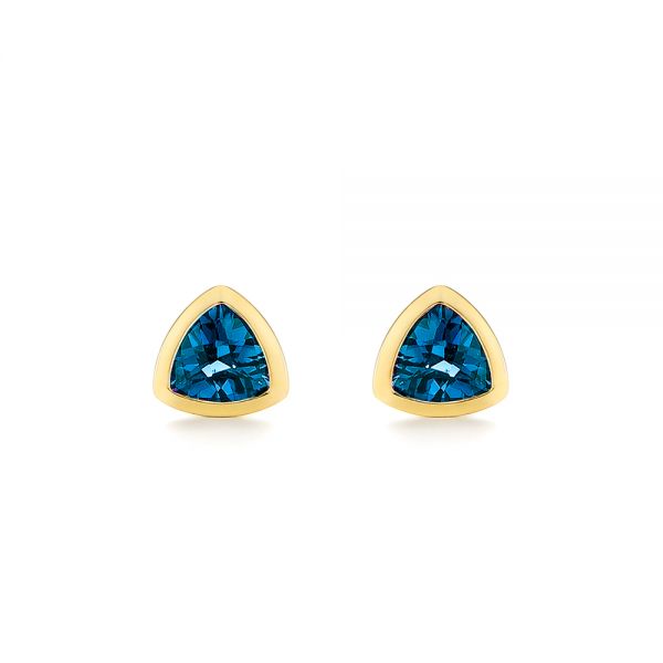 14k Yellow Gold London Blue Topaz Trillion Stud Earrings - Three-Quarter View -  106050