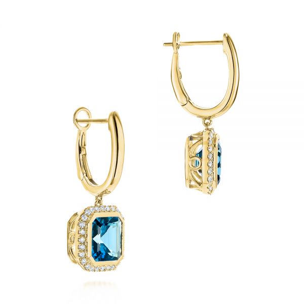 14k Yellow Gold London Blue Topaz And Diamond Halo Huggies - Front View - 105419