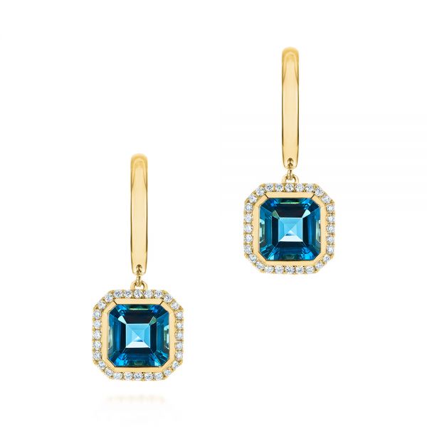 18k Yellow Gold 18k Yellow Gold London Blue Topaz And Diamond Halo Huggies - Three-Quarter View -  105419