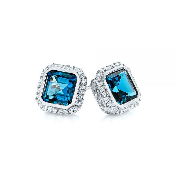 18k White Gold 18k White Gold London Blue Topaz And Diamond Stud Earrings - Front View -  105417