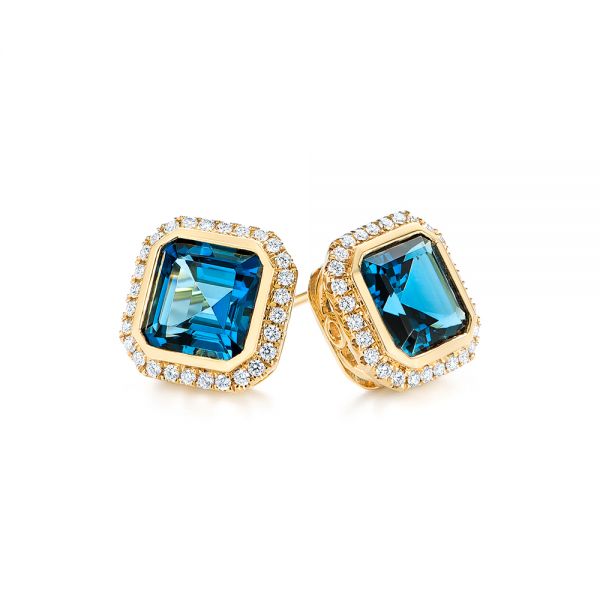 14k Yellow Gold London Blue Topaz And Diamond Stud Earrings - Front View - 105417