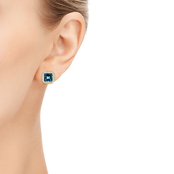 14k Yellow Gold London Blue Topaz And Diamond Stud Earrings - Hand View - 105417