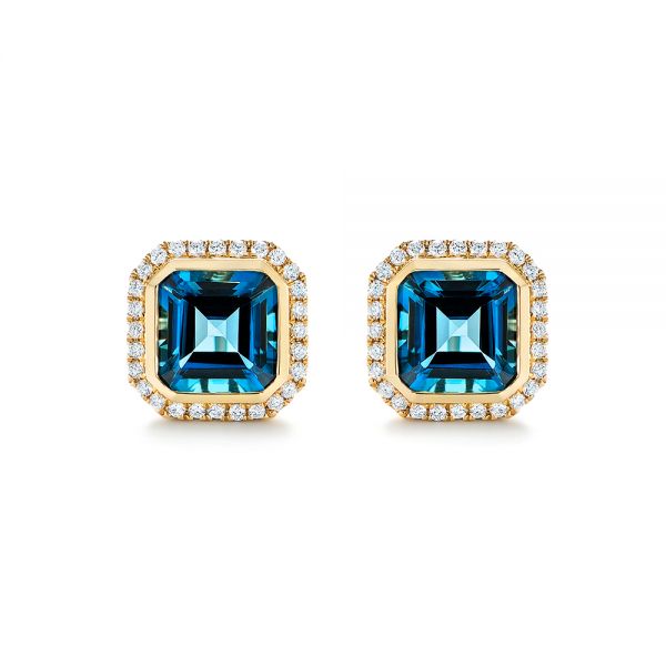 14k Yellow Gold London Blue Topaz And Diamond Stud Earrings - Three-Quarter View -  105417