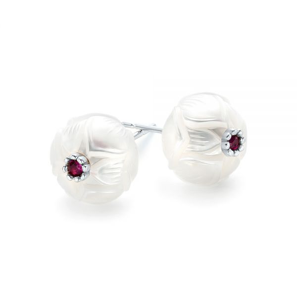 18k White Gold 18k White Gold Lotus Fresh Water Carved Pearl And Ruby Earrings - Front View -  102592