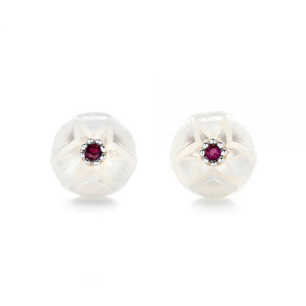 14k White Gold 14k White Gold Lotus Fresh Water Carved Pearl And Ruby Earrings - Three-Quarter View -  102592