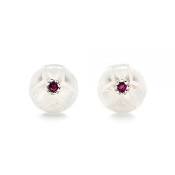 18k White Gold 18k White Gold Lotus Fresh Water Carved Pearl And Ruby Earrings - Three-Quarter View -  102592