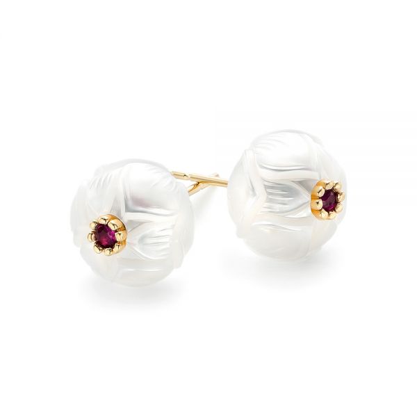 14k Yellow Gold Lotus Fresh Water Carved Pearl And Ruby Earrings - Front View -  102592