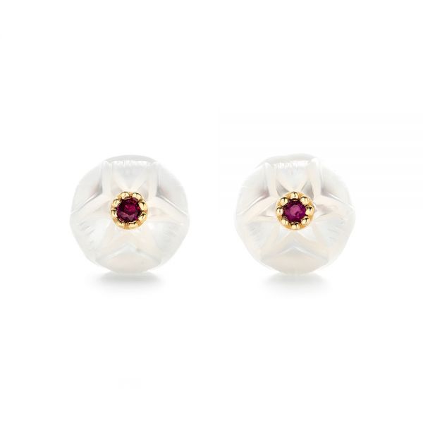 18k Yellow Gold 18k Yellow Gold Lotus Fresh Water Carved Pearl And Ruby Earrings - Three-Quarter View -  102592